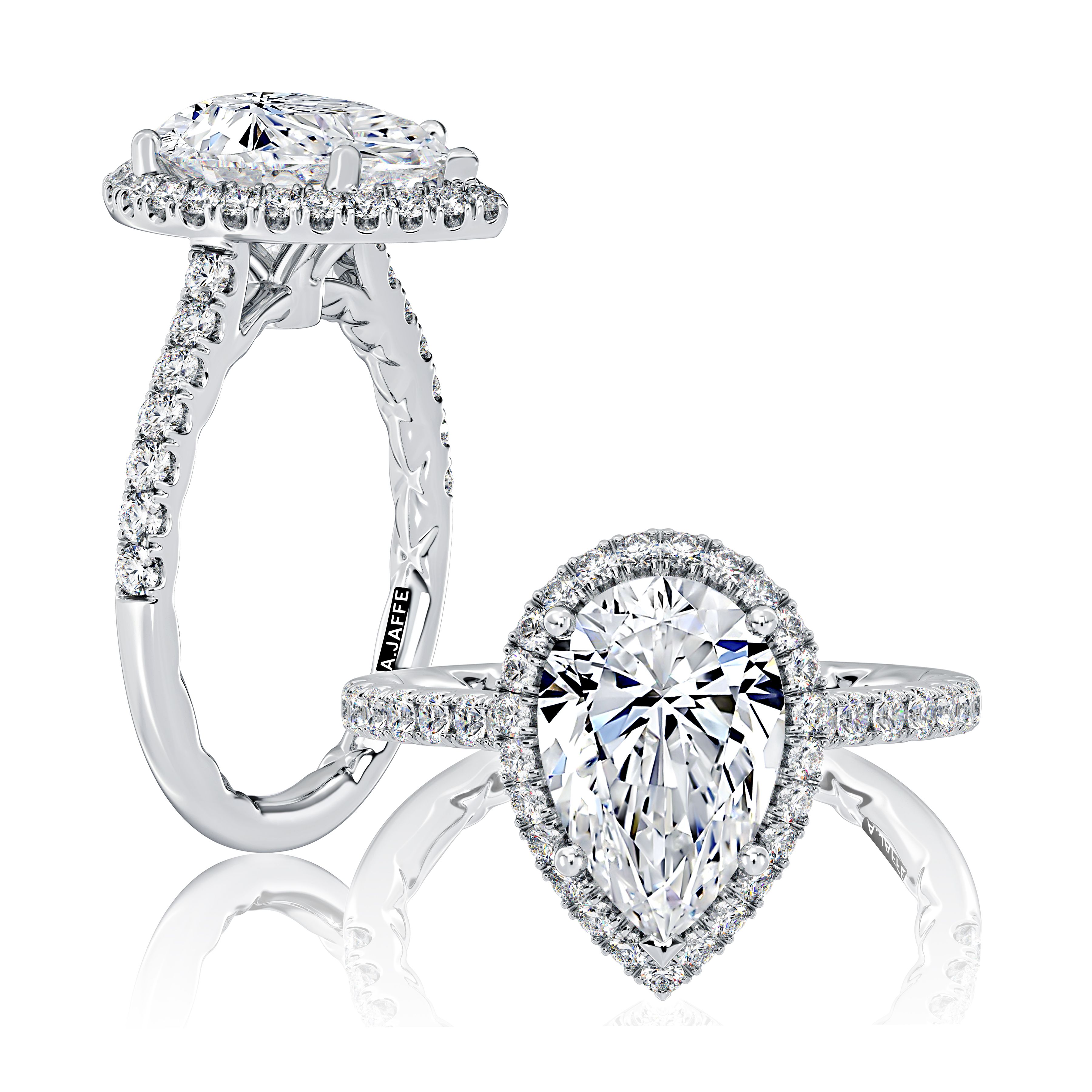 A. Jaffe Cz Ctr .39cttw 18kt Wg Diamond Semi Mount W/ Halo & Diamonds On Shank For 1.0ct Pear Ctr F-h Vs1-vs2