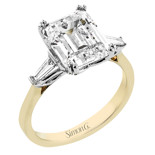 Emerald Cut 3-stone Diamond Semi-mount Ring With Emerald & Baguette Side Stones With Double Claw Prongs