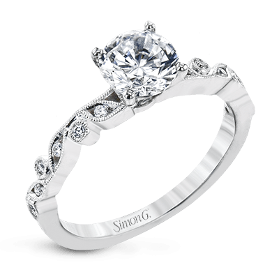 Simon G. Cz Center .08cttw 18kt Wg Floral Diamond Semi Mount With Milgrain Detail For 1.0ct Center F-h Vs1-vs2 Serial #673810 itemprop=