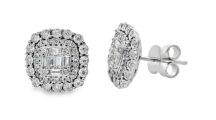 .50cttw 14k Wg Baguette & Rd Dia Cluster Cushion Illusion Halo Earrings F-h Si1-i1