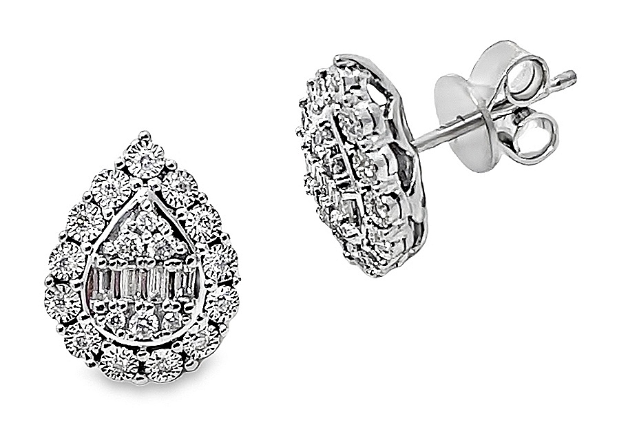 .33cttw 14k Wg Baguette & Rd Dia Cluster Pear Illusion Halo Earrings G-i Vs1-i1