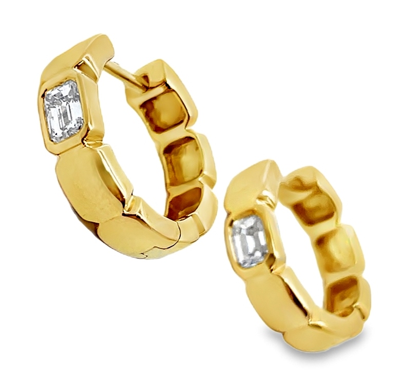 .50cttw 14kt Yg Geometric Bead And Bezel Set Emerald Cut Diamond Hoop Earrings H-i Si1