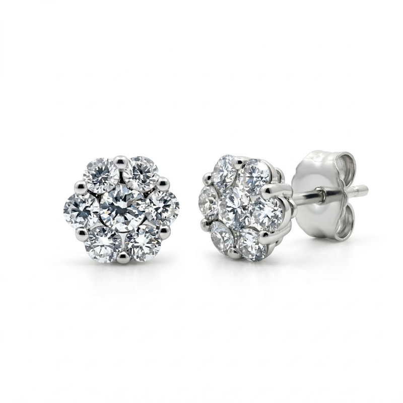 18k White Gold Flower Diamond Cluster Earrings .55 Ctw