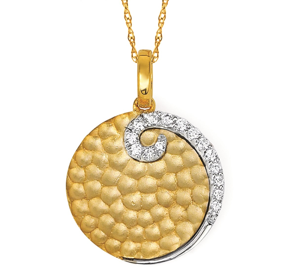 .10cttw 14kt Yg/wg Round Hammered Pendant W/ Diamond Swirl Accent W/ 18in Chain G-i Si1-i1