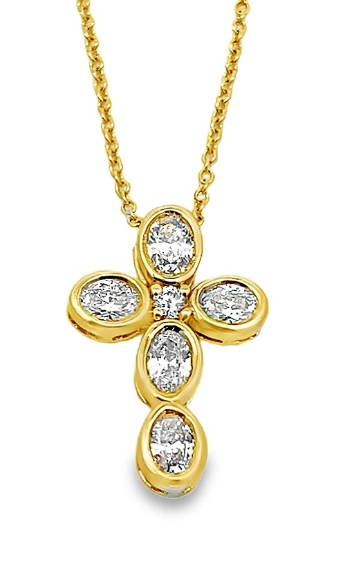 .54ctw 14k Yg Oval Bezel Set Diamond Bubble Cross Pendant With 16-18 Inch Chain H-j Vs2-si2