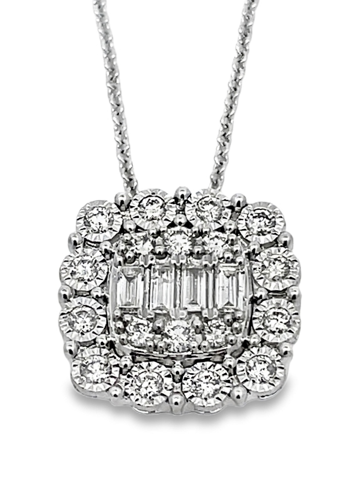 .50cttw 14k Wg Baguette & Rd Dia Cluster Pendant With Cushion Illusion Halo With 16-18 Inch Chain  G-i Vs2-i1