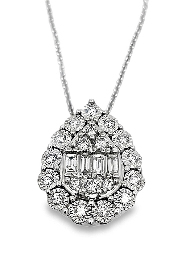 .47cttw 14k Wg Baguette & Rd Dia Cluster Pear Illusion Halo Pendant With 16-18 Inch Chain G-i Si1-i1