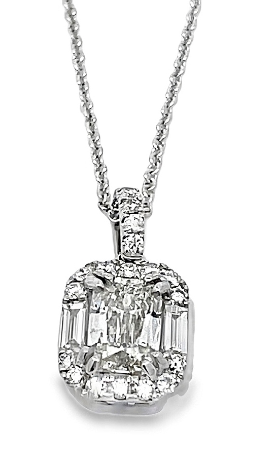 .90ctr Gia 1.16cttw 18k Wg Cush Ctr Dia Pendant With Round & Baguette Halo With 16-18 Inch Chain Gia 1405424116 G-j Vs2-i1