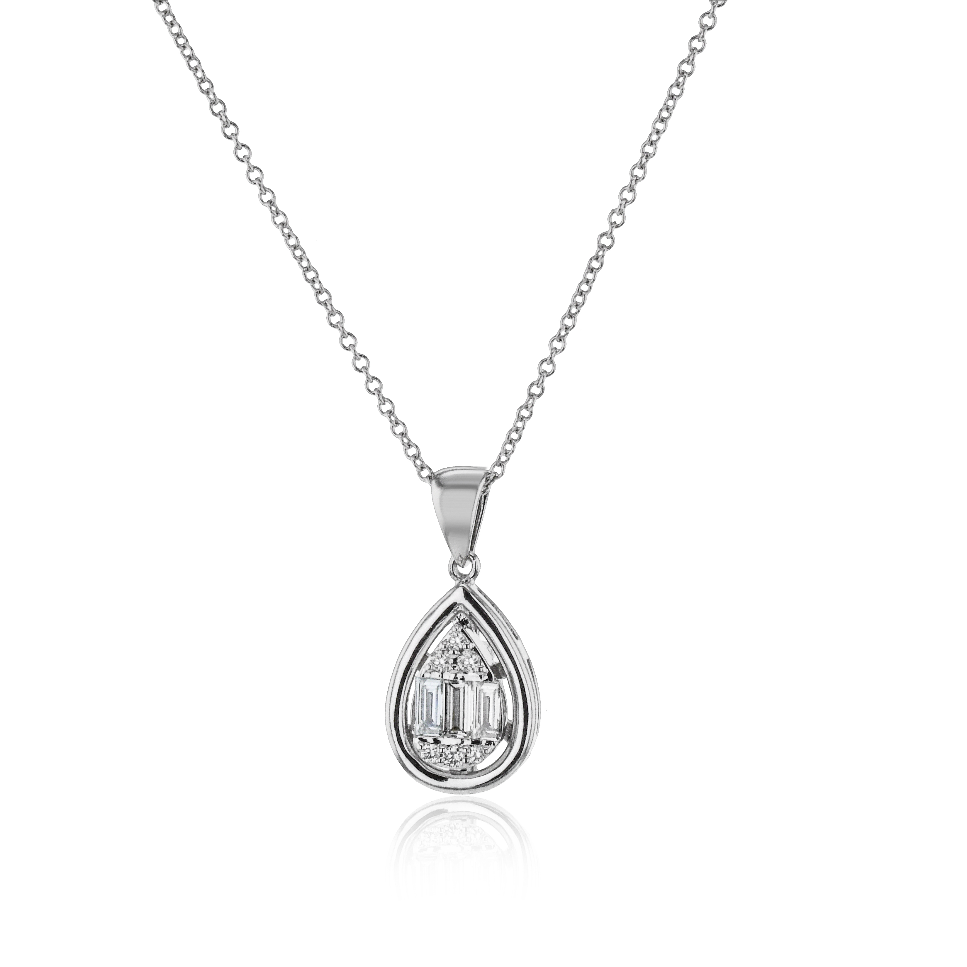 18k White Gold Baguette And Round Cluster Diamond Pendant Necklace .26 Ctw
