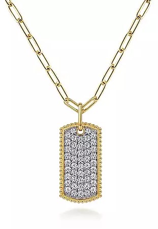 14k Yellow Gold Diamond Pavé Dog Tag Pendant Necklace .71 Ctw
