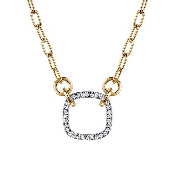 G&c .23cttw 14kt Yg/wg Open Cushion Halo Diamond Necklace With Paperclip Chain G-i Vs1-vs2 Serial# S2083187