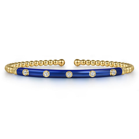 G&c .15cttw 14kt Yg Bujukan Bead And Diamond Open Bangle With Dark Blue Enamel Serial #s1965515