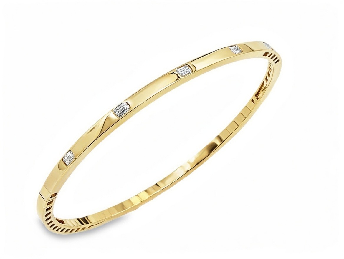 14k Yellow Gold Flush Set Emerald Cut Diamond Flex Bangle .41 Ctw