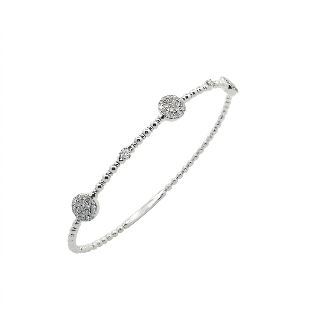14k White Gold Round Station Cluster Diamond Flex Bangle Bracelet .62 Ctw