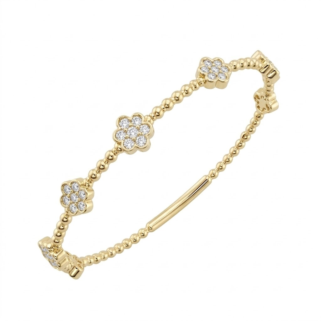 14k Yellow Gold Diamond Flower Station Flex Bangle Bracelet .80 Ctw