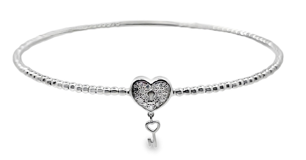 14k White Gold Cluster Heart Lock And Key Charm Flex Bangle Bracelet .10 Ctw