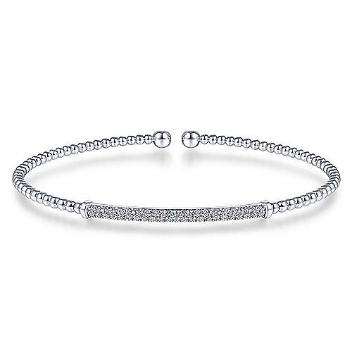 G&c .33cttw 14kt Wg Bujukan Beaded Dia Cuff Bracelet With Diamond Pave Bar F-h Vs1-si1 Serial #s2007291