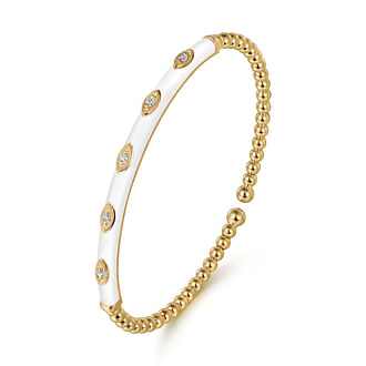 G&c .11cttw 14kt Yg Bujukan Bead And Diamond Bangle Bracelet With White Enamel G-i Vs1-vs2 Serial #s1771640 itemprop=