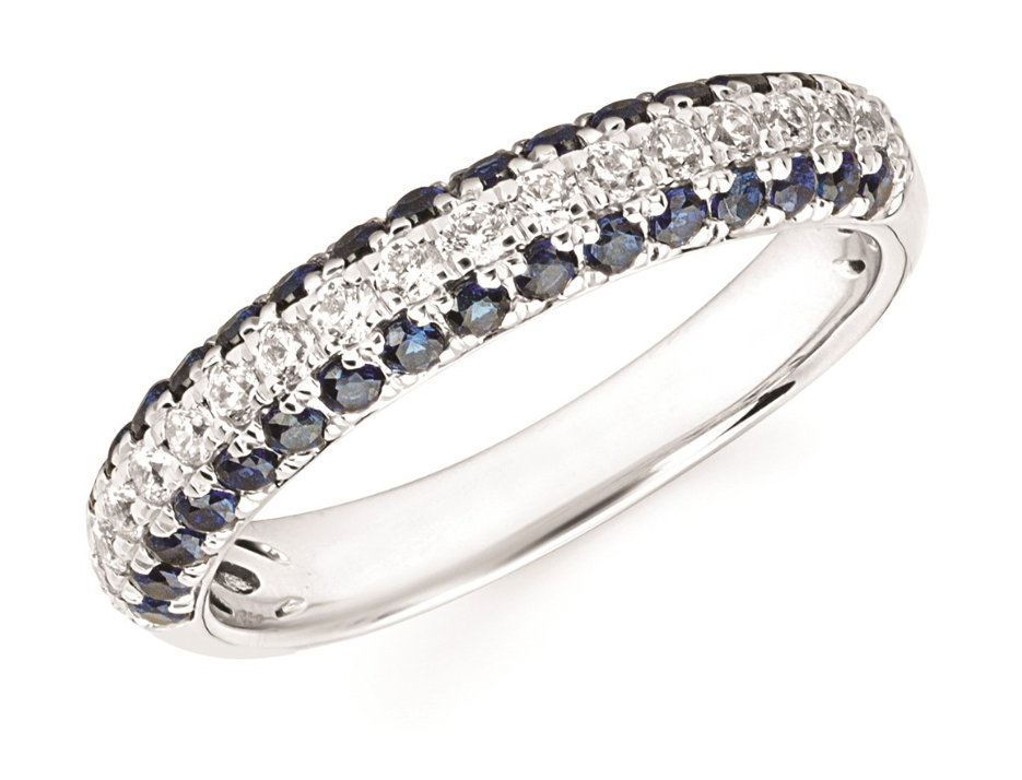 14k White Gold Three Row Diamond And Sapphire Band
