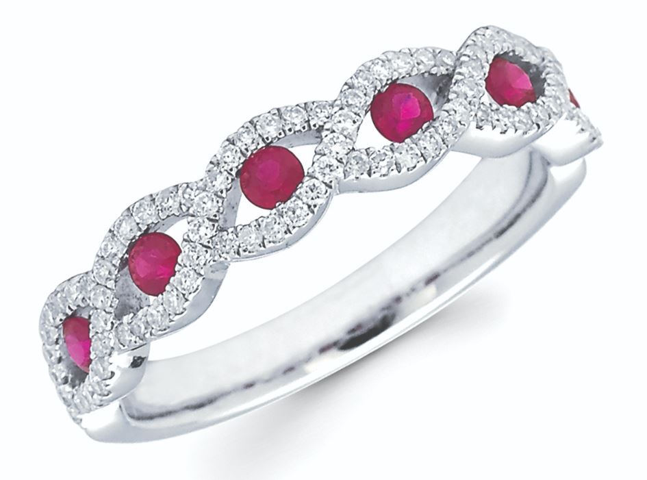 14k White Gold Rope Style Ruby And Diamond Band