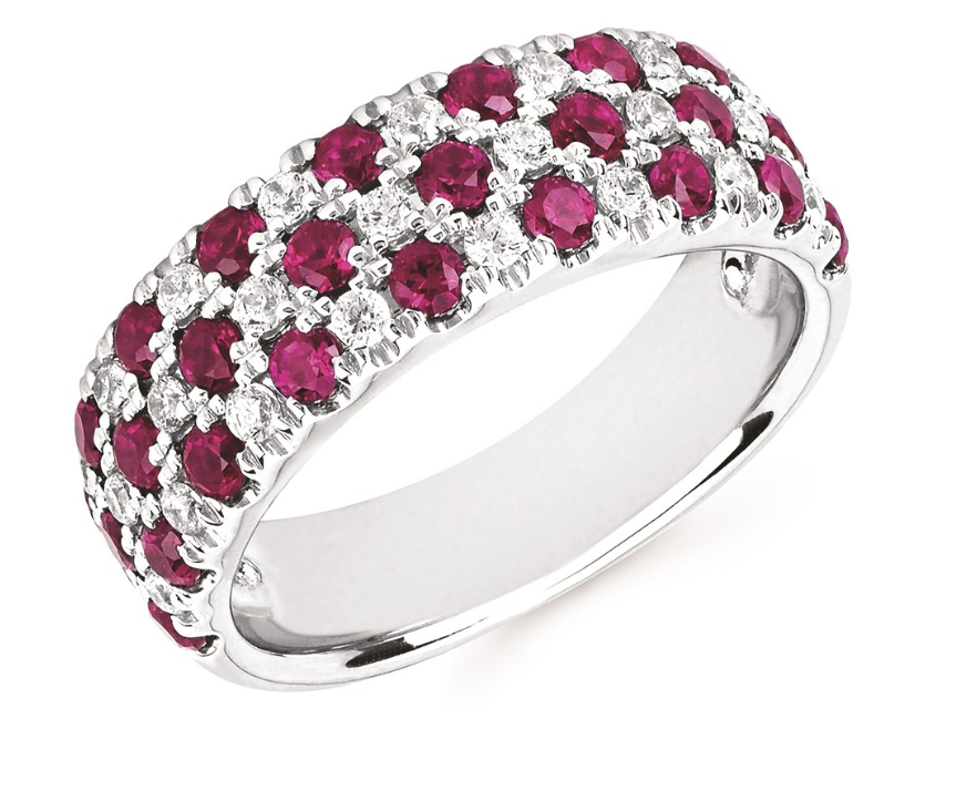14k White Gold Three Row Alternating Diamond And Ruby Ring