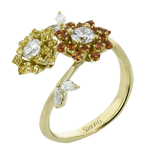 Simon G. .61 Dtw .20 Ysaptw .25osaptw 18k Yg Flower Fashion Ring With Yellow And Orange Sapphire Petals And Diamond Accents H-i Vs1-vs2 Serial# 808709 itemprop=