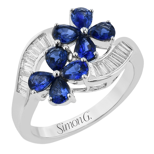 Simon G. .43dttw 1.42saptw 18k Wg Blue Saph & Dia Double Flower Fashion Ring With Channel Set Baguette Diamonds F-h Vs1-vs2 Serial# 786585 itemprop=