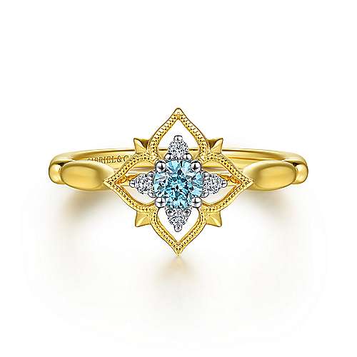 G&c .06dtw .21bttw 14kt Yg Blue Topaz & Diamond Floral Ring G-i Vs1-si1 Serial # S2071046