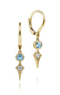 G&c .05dtw .26btw 14k Yg Blue Topaz & Dia Dangle Earrings H-i Vs1-vs2 Serial #s1966115