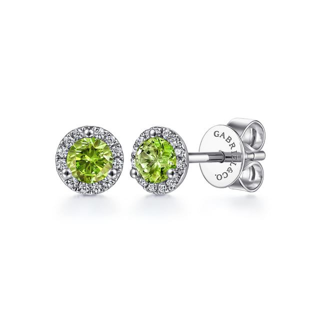 14k White Gold Peridot And Diamond Halo Earrings