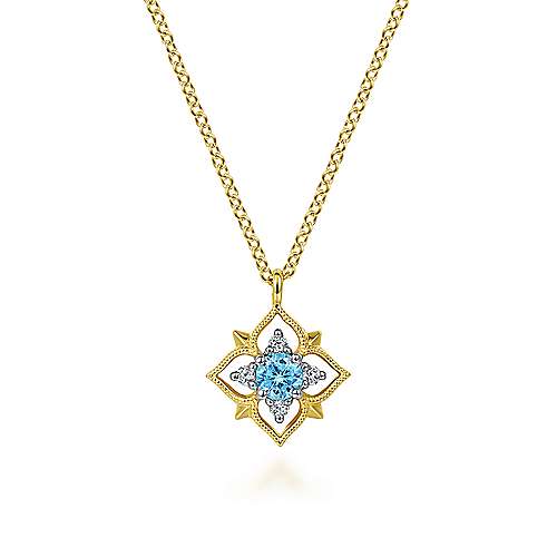 G&c .06dtw .23btw 14k Yg Blue Topaz & Dia Flower Pendant H-i Vs1-vs2 Serial #s1865157