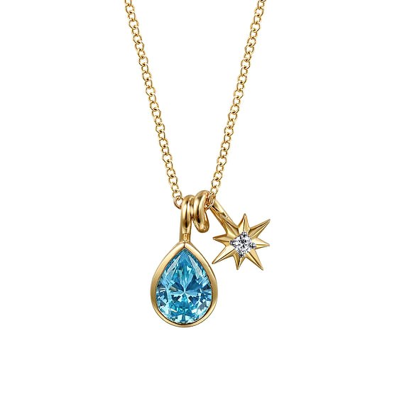 G&c .03cttw 1.17bttw 14kt Yg Blue Topaz And Diamond Teardrop Pendant With Star Accents Serial #s1966102