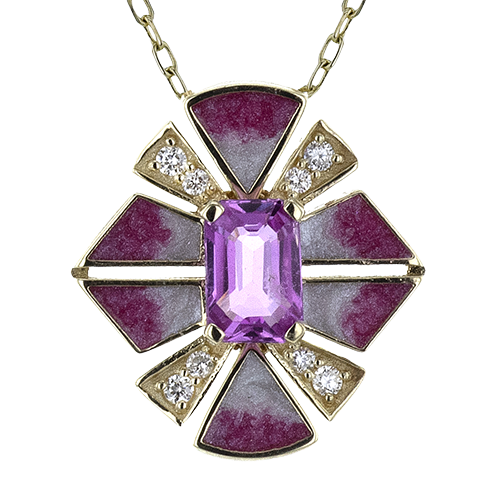 Simon G. .07 Dtw .66 Psaptw 14k Yg Pink Sapphire - Diamond & Enamel Contemporary Starburst Pendant W/ 17-19 Inch Chain Serial# 808703