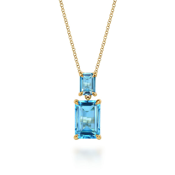 G&c 6.66bttw 14k Yg Em-cut 2-stn Blue Topaz Dangle Pendant With 16-17-18in Chain Serial# S2083043