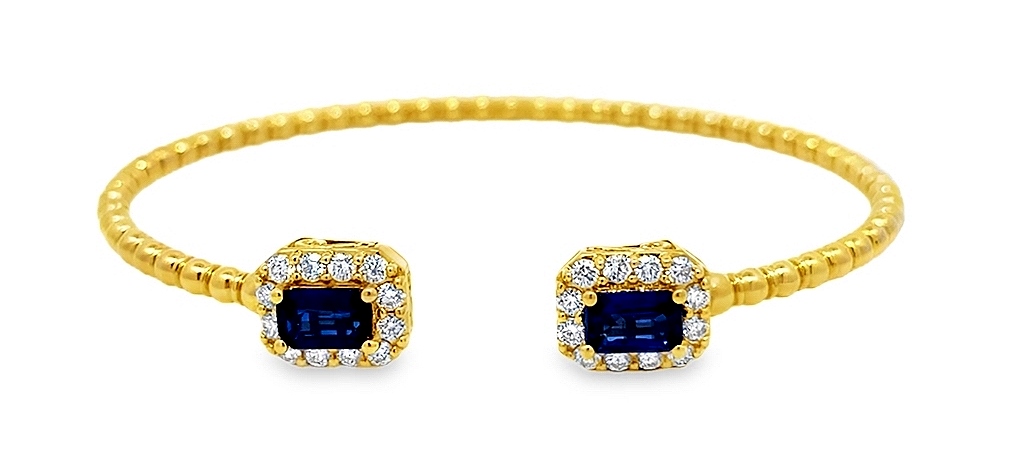 1.38saptw .58dtw 18kt Yg Open Cuff Ermerald Cut Blue Sapphire And Diamond Halo Flex Bangle G-i Vs1-si2 itemprop=