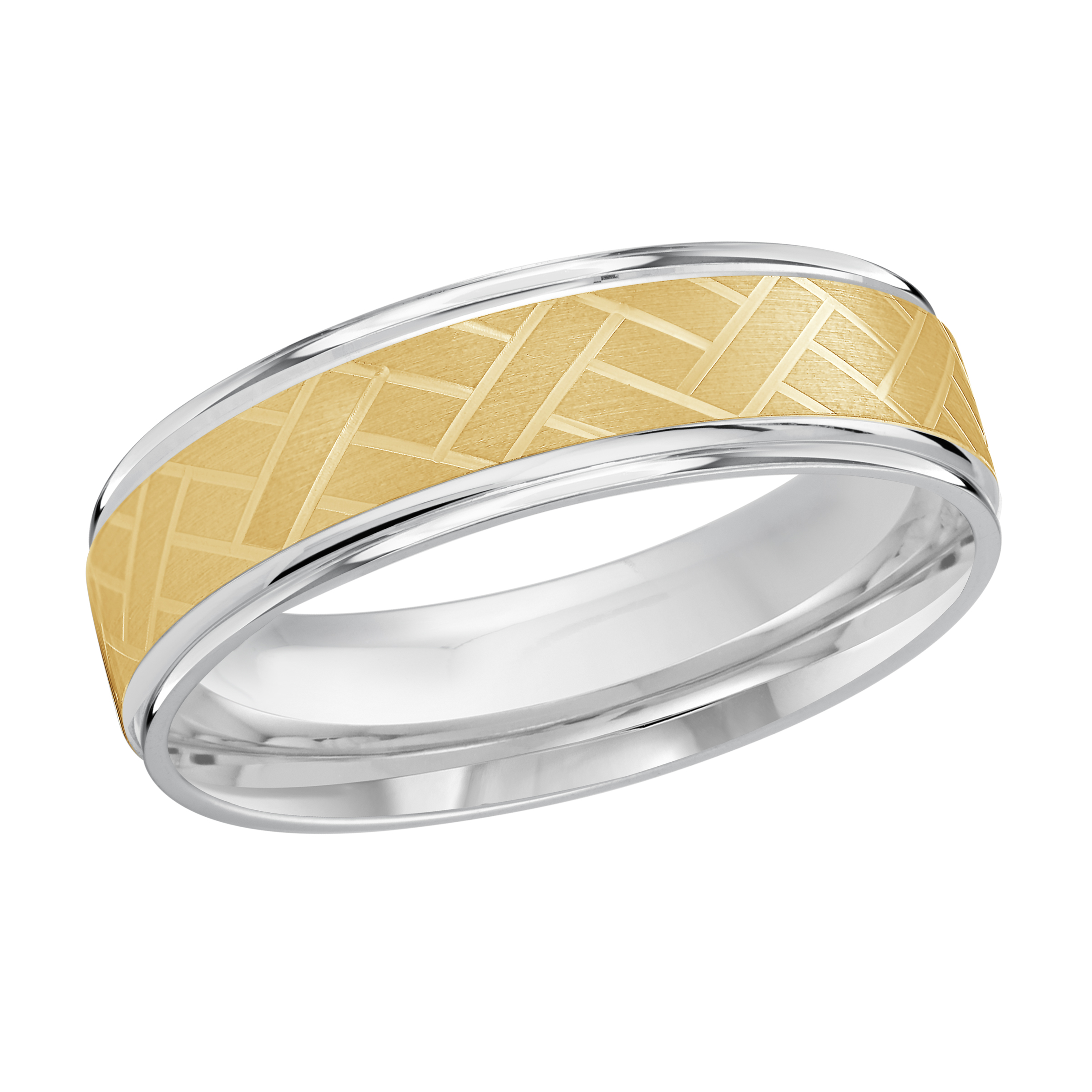 Two-tone Gold Men's Wedding Band Yellow Gold Geometric Pattern Center, White Gold Edges, 6mm