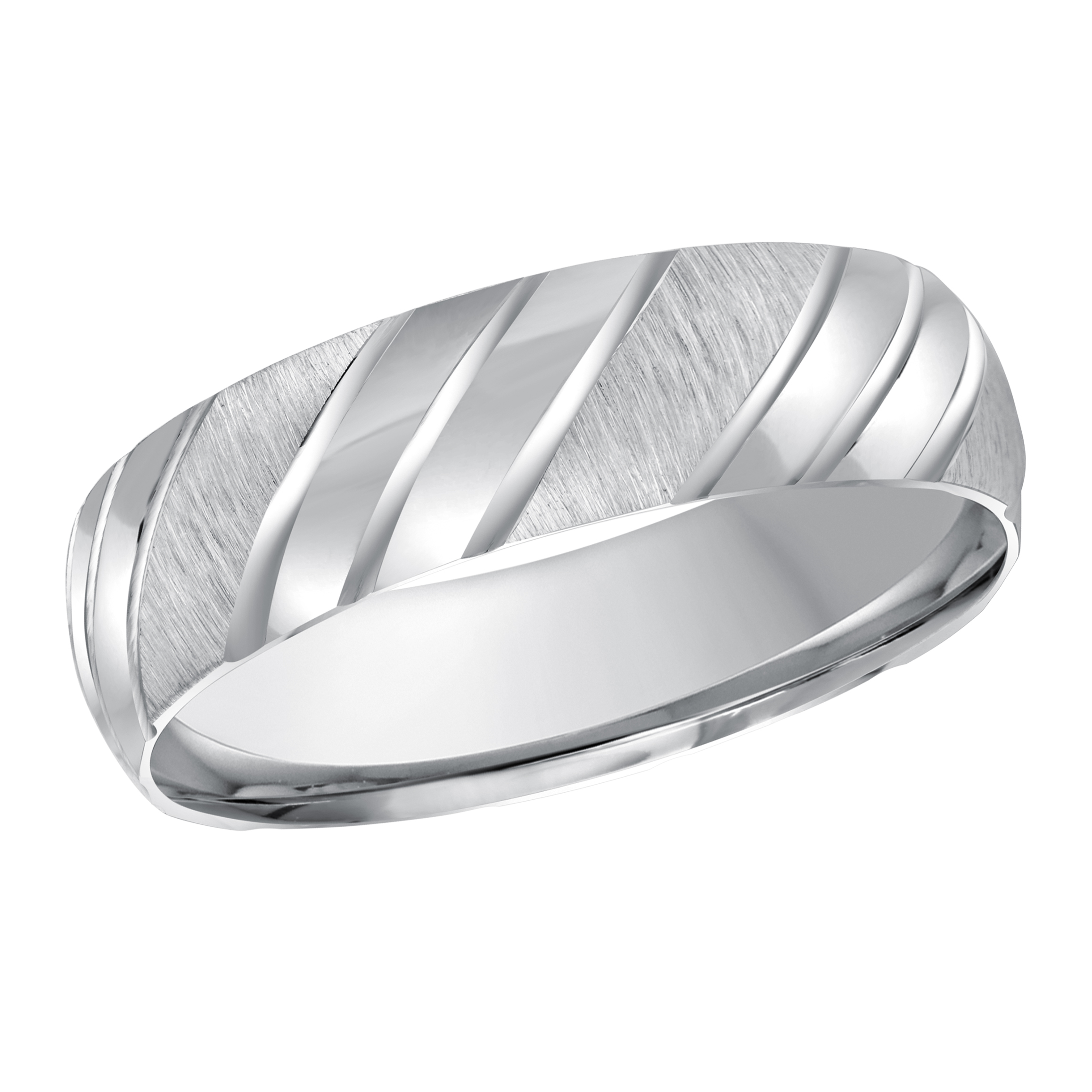 White Gold Men's Wedding Band Diagonal Brushed Satin Finish, Polished Edges, 6mm