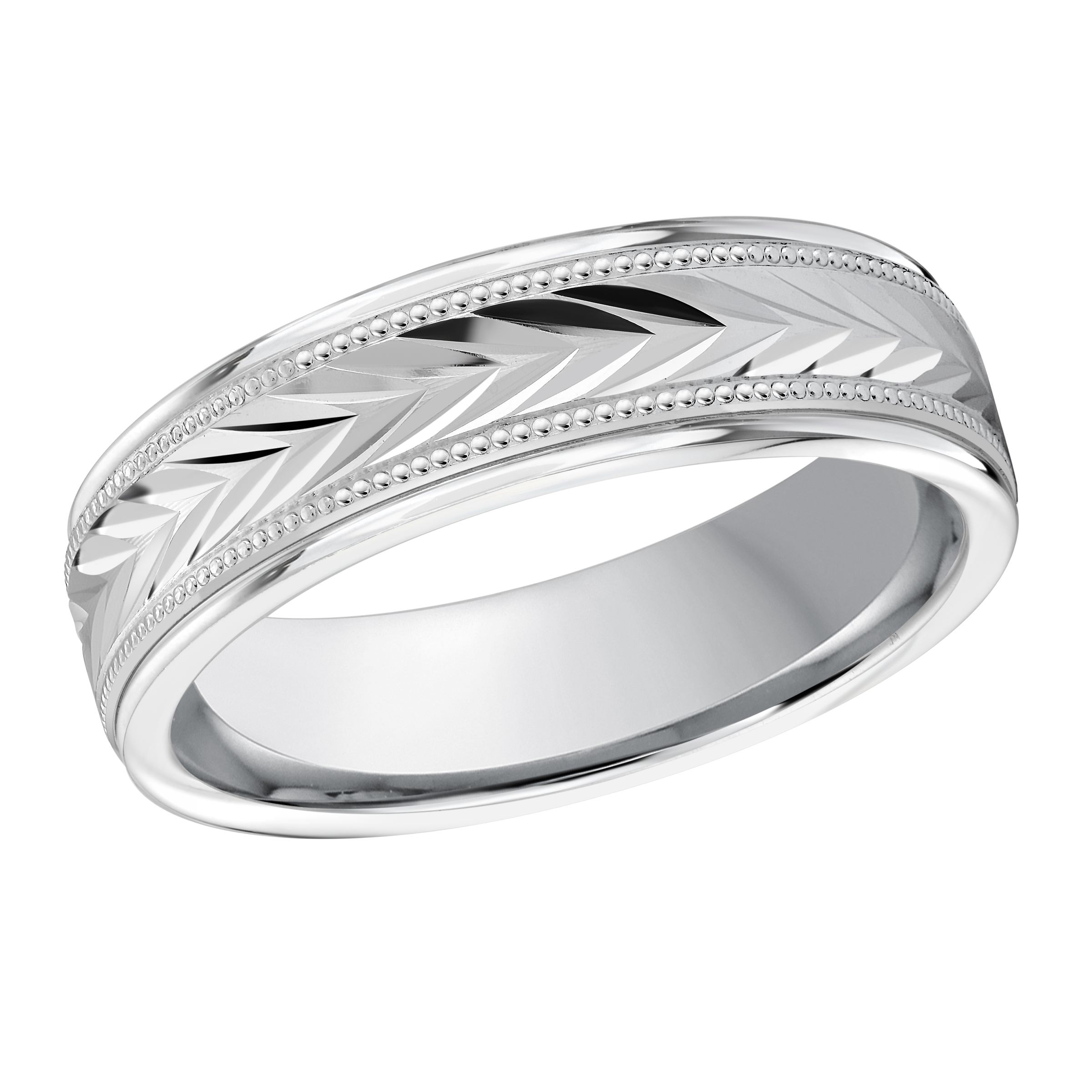 White Gold Men's Wedding Band Chevron Pattern, Milgrain Edges, 6mm