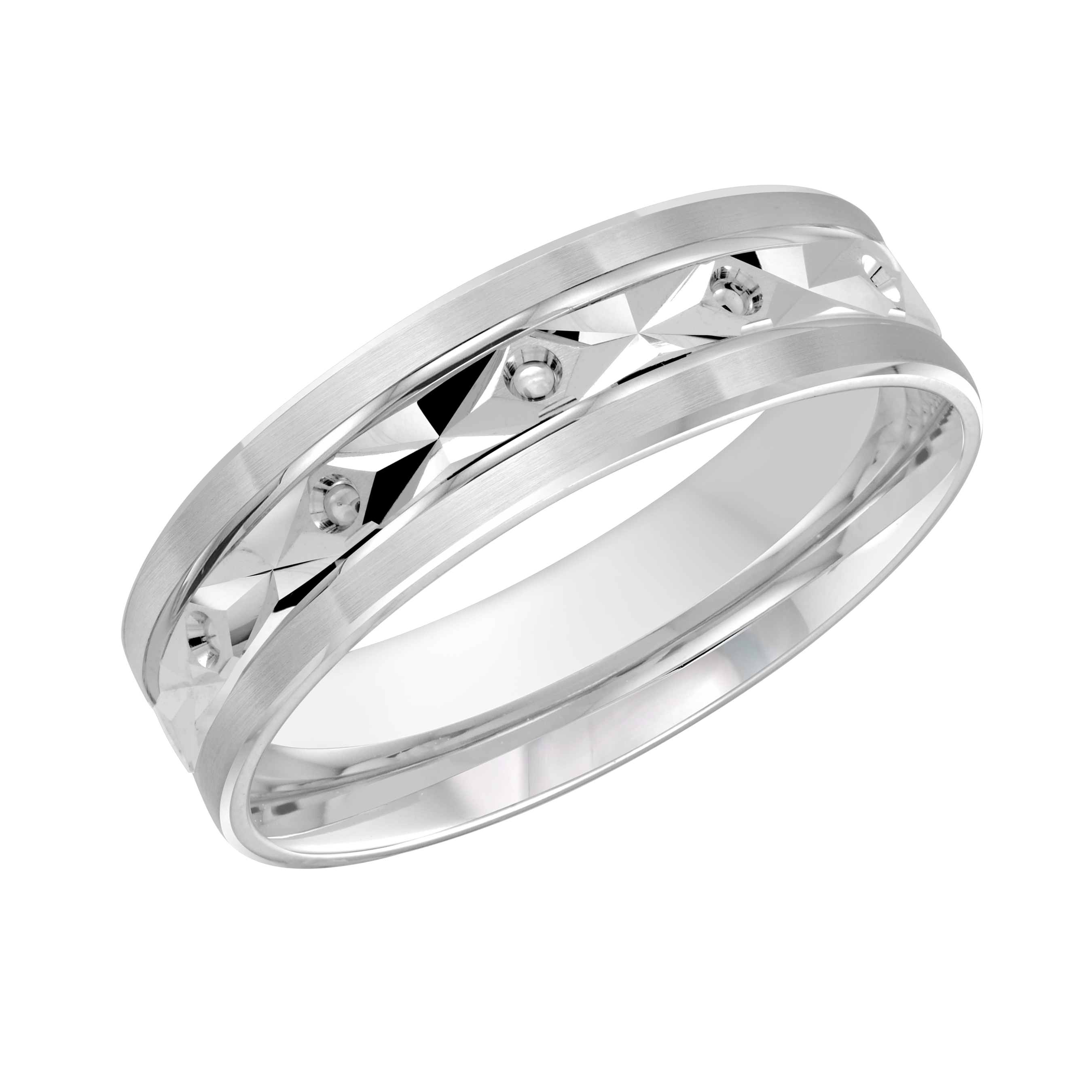 Men’s White Gold Diamond-cut Band Modern Polished Wedding Ring, 6mm