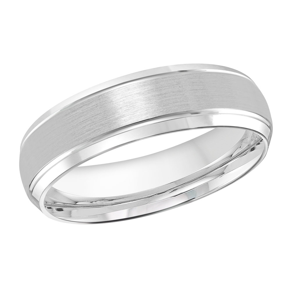 White Gold Men's Wedding Band Brushed Satin Center Stripe, Polished Edges, 6mm