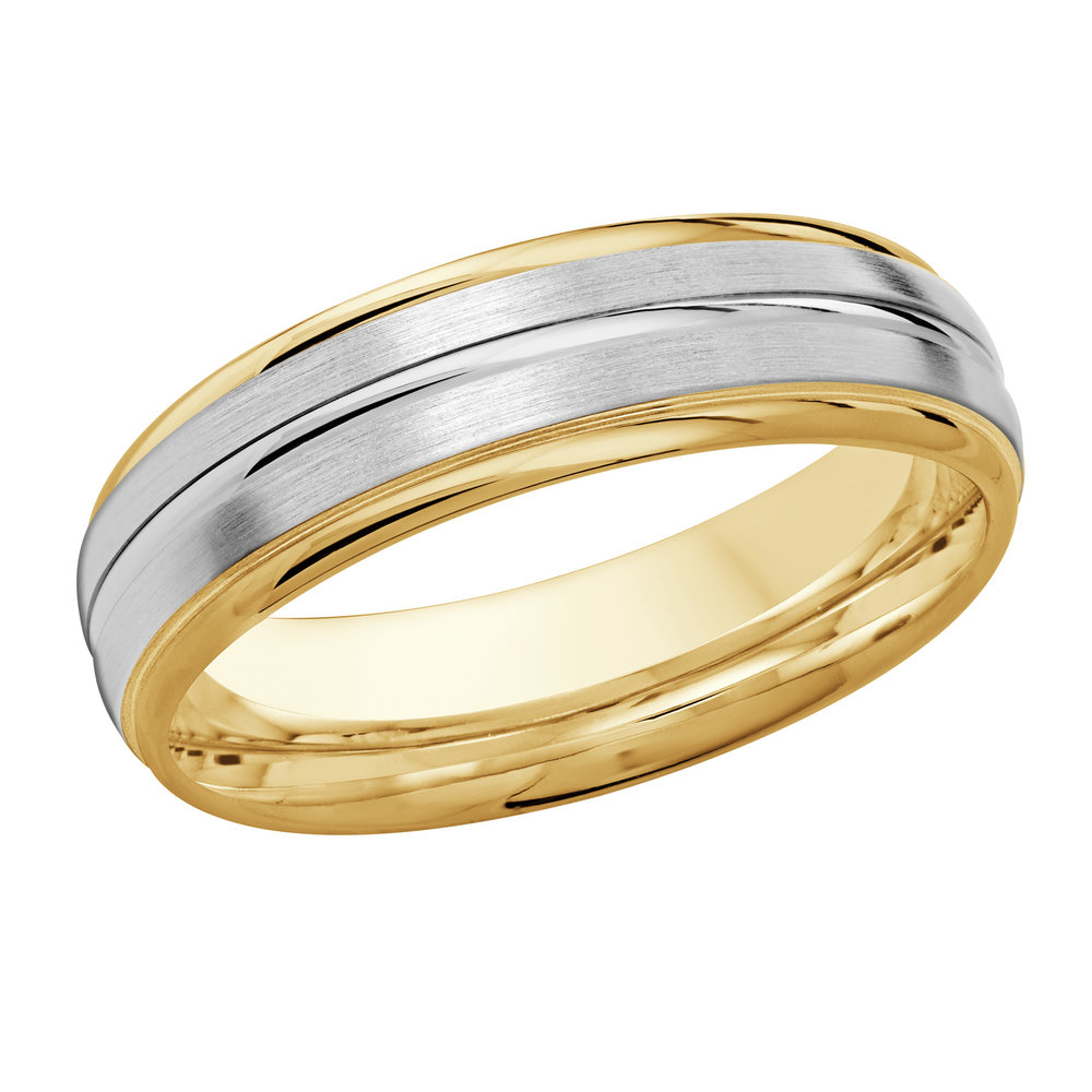 Two-tone Yellow & White Gold Men's Wedding Band Dual Brushed White Gold Stripes, 6mm