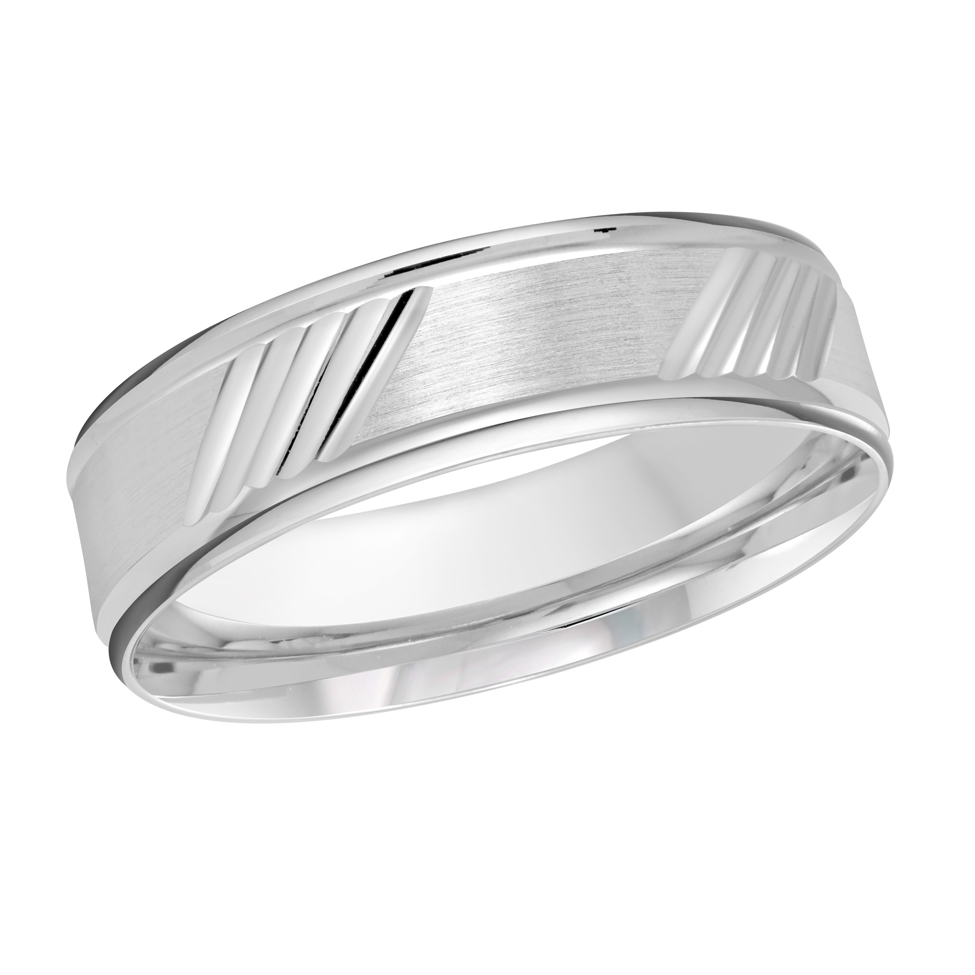 Men's White Gold Wedding Band With Diagonal Grooved Design, 6mm