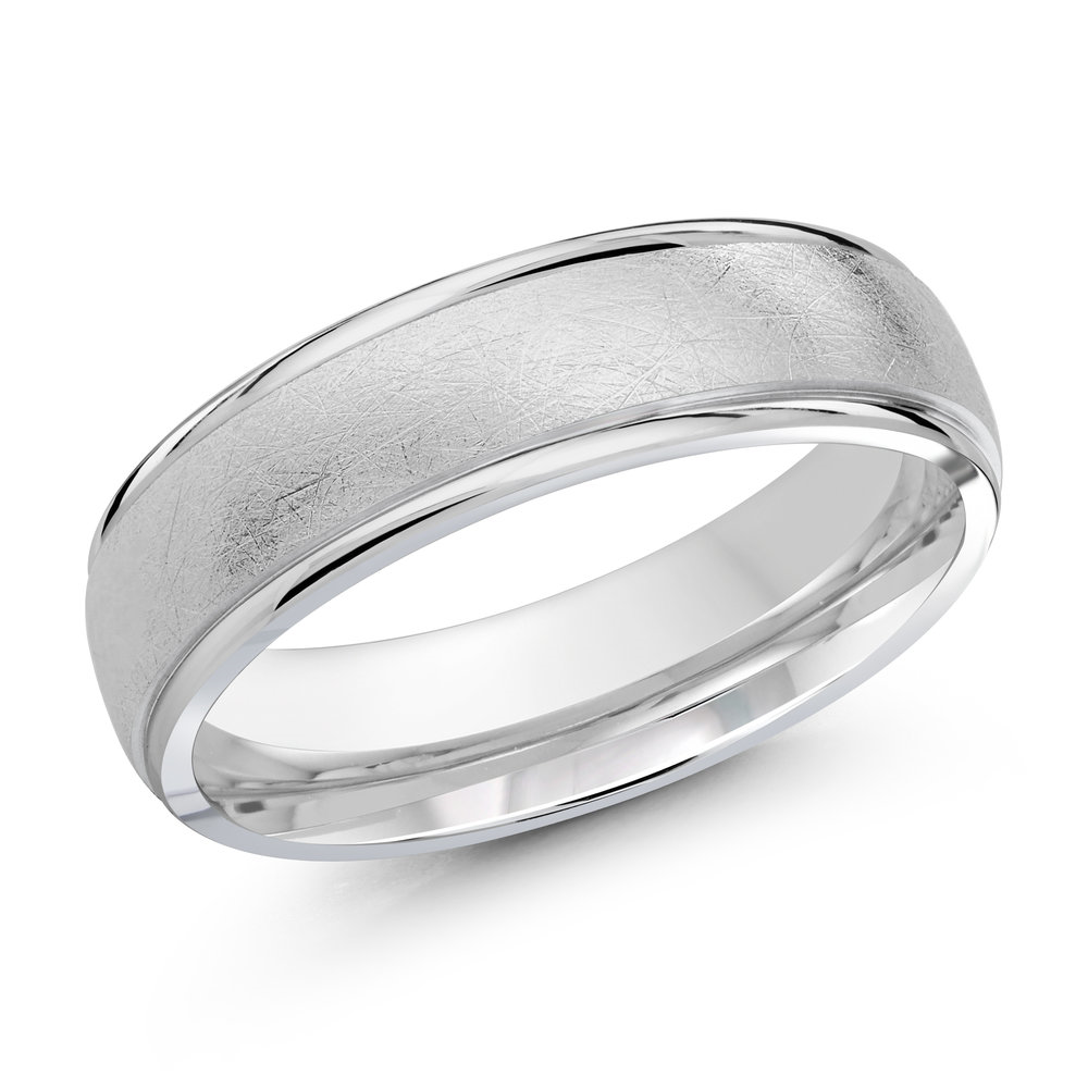 White Gold Men's Wedding Band Scratch Finish, Polished Edges, 6mm