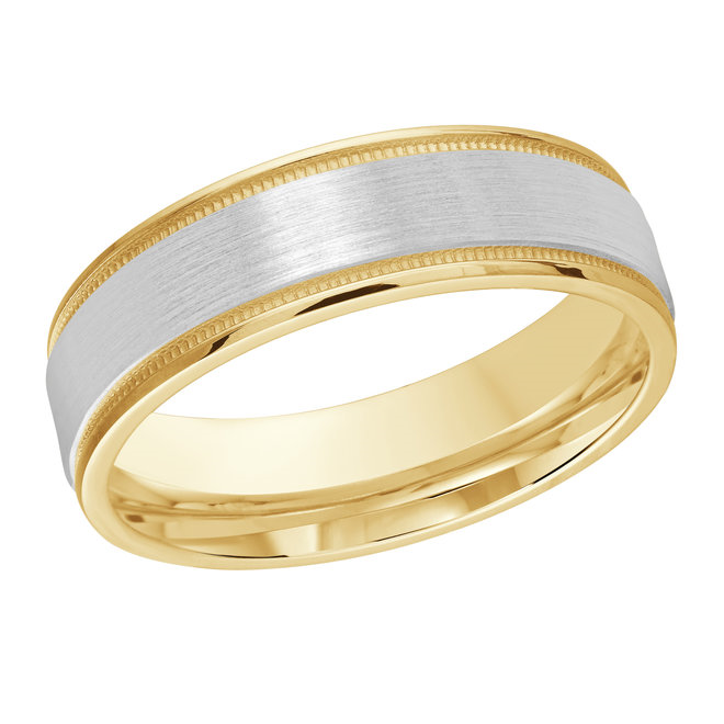 Two-tone Yellow & White Gold Men's Wedding Band Brushed White Center, Milgrain Edges, 6mm