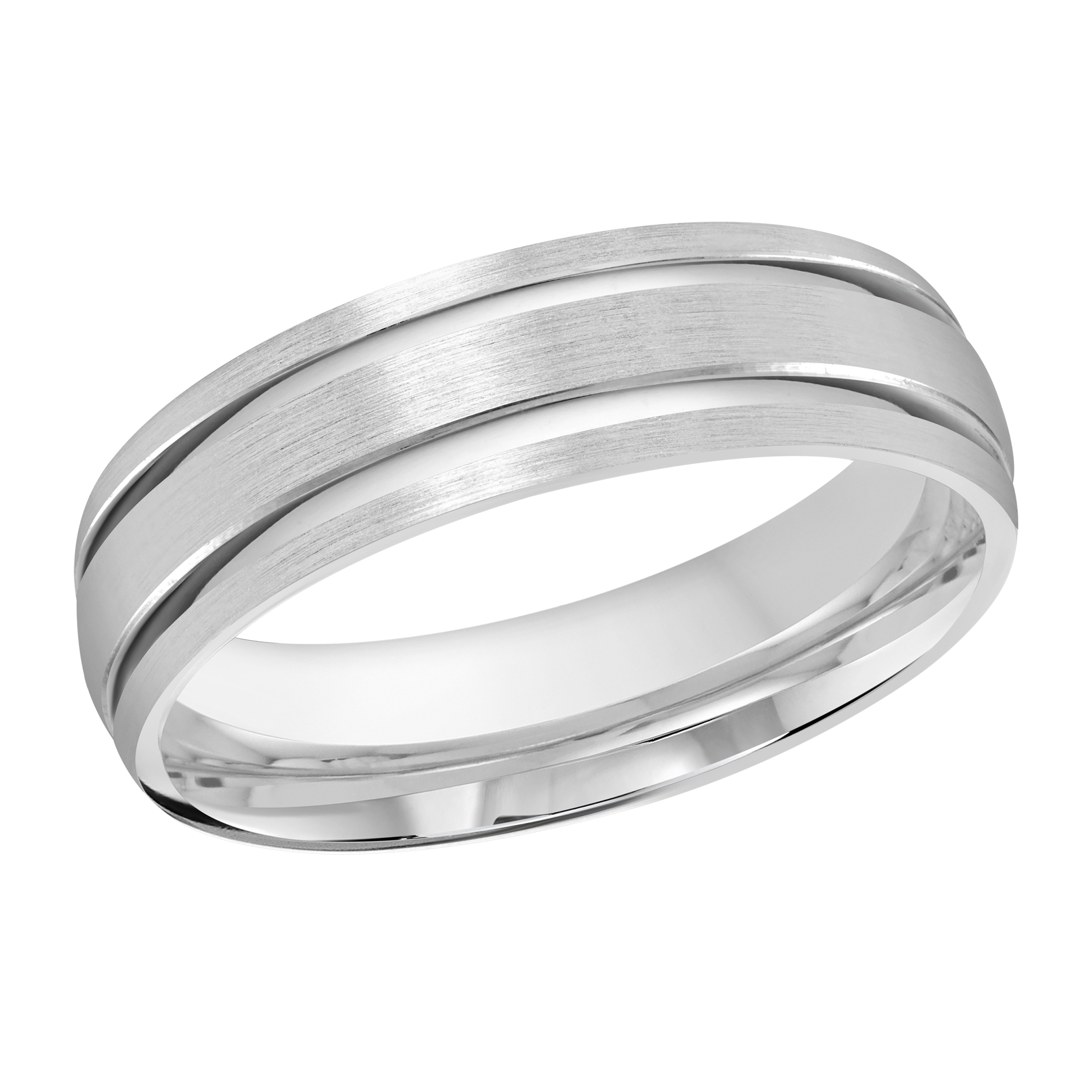 White Gold Men's Wedding Band Brushed Center Stripe, Polished Edges, 6mm