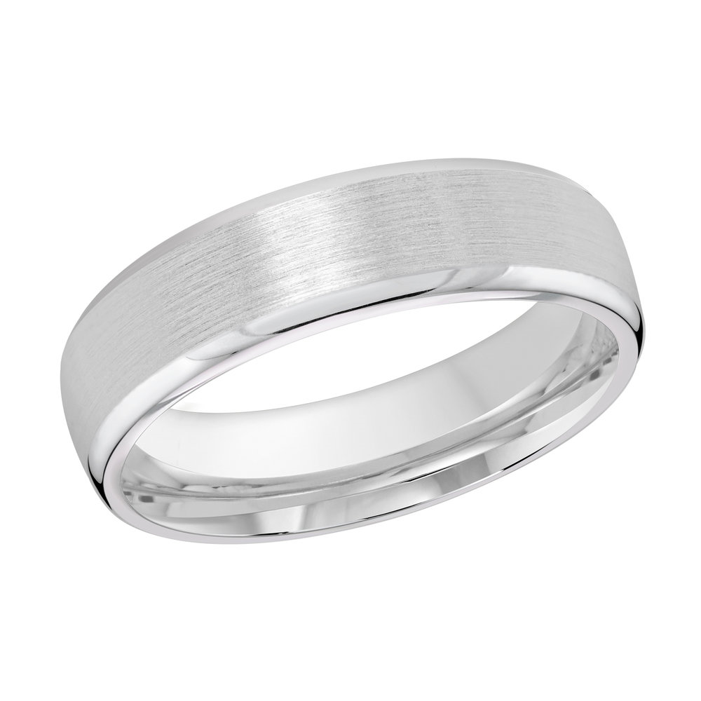 White Gold Men's Wedding Band Full Brushed Satin Finish, Polished Beveled Edges, 6mm