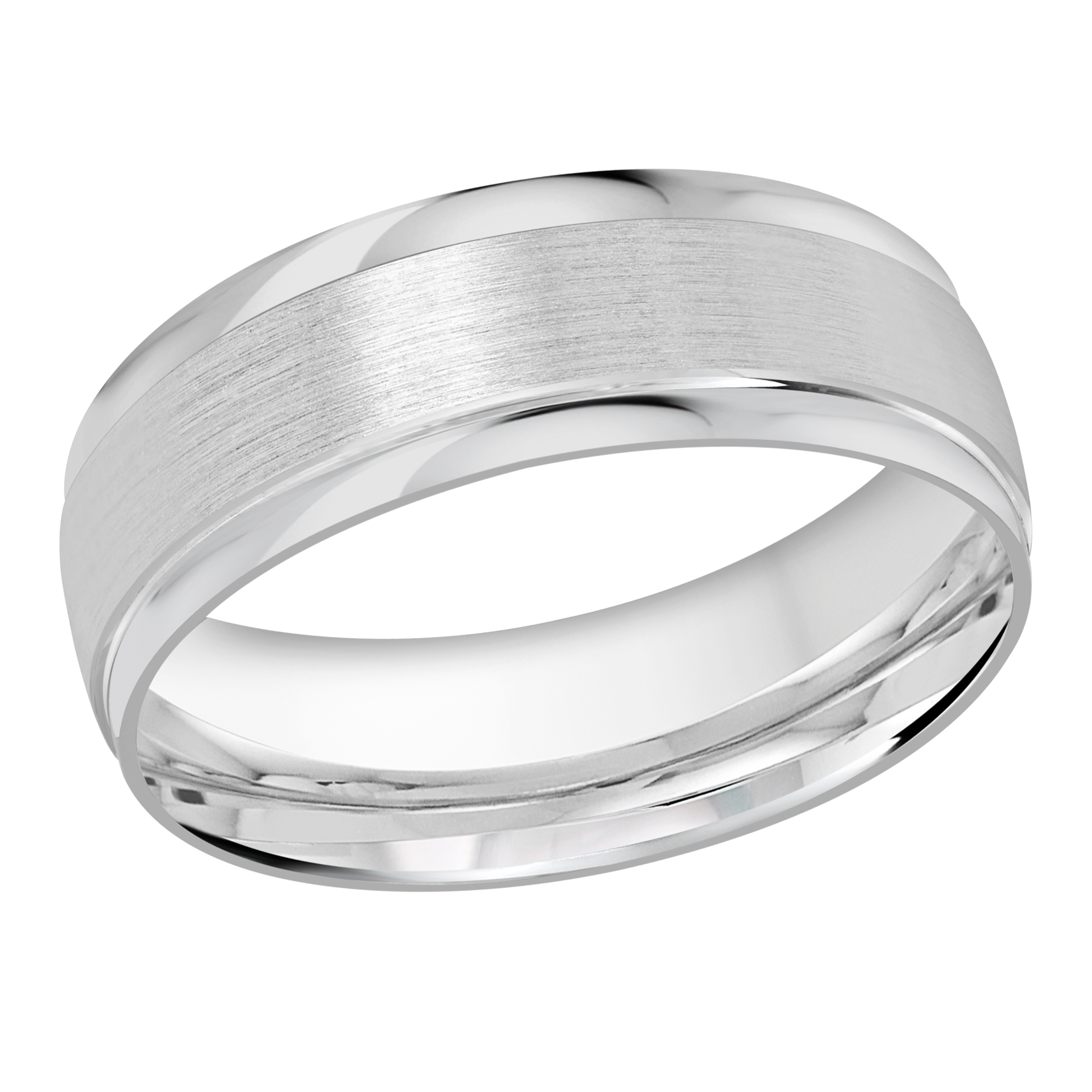 White Gold Men's Wedding Band Full Brushed Satin Finish, Polished Beveled Edges, 6mm