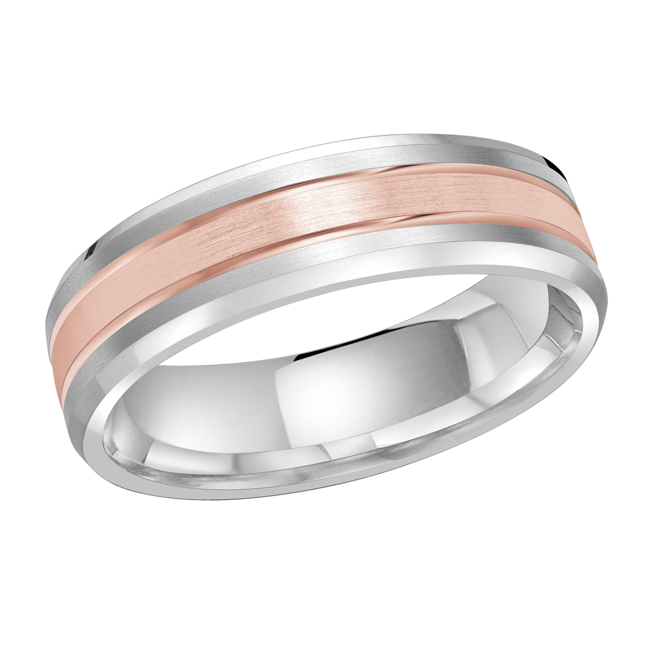 Two-tone White & Rose Gold Men's Wedding Band Brushed Rose Center, Polished White Edges, 6mm