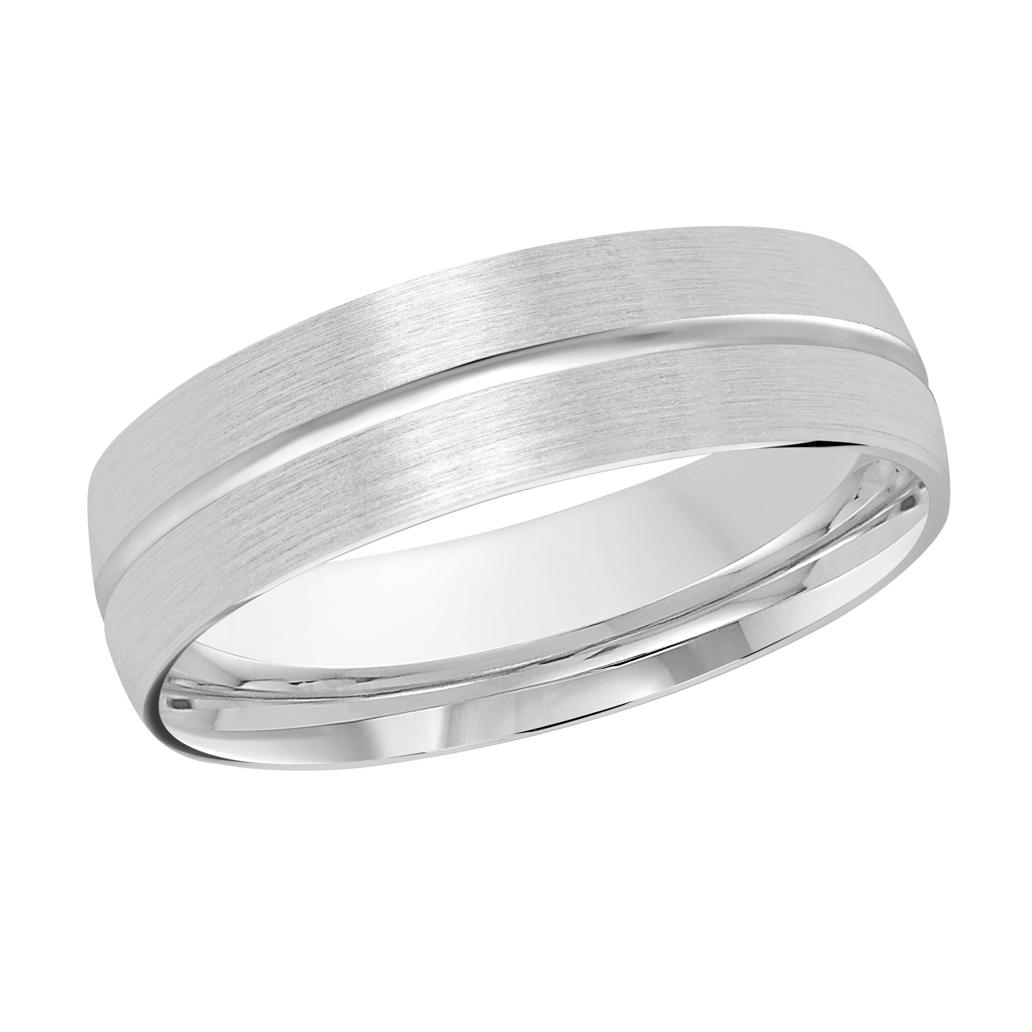 White Gold Men's Wedding Band Brushed Satin Center Stripe, Polished Edges, 6mm