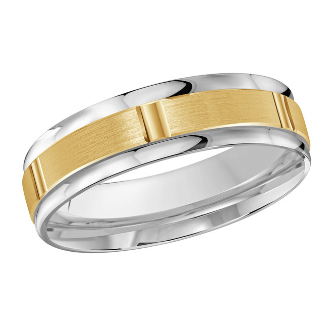 Two-tone Yellow & White Gold Men's Wedding Band Brushed Yellow Center With Rail Edges, 6mm